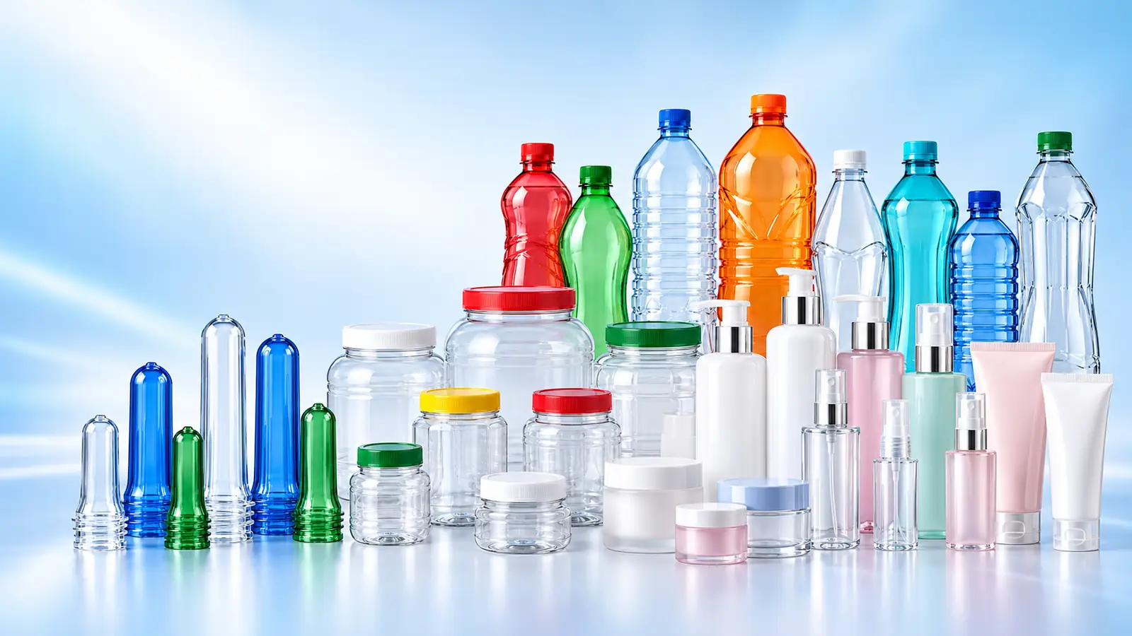PET preforms, jars and bottles in clear and coloured finishes
