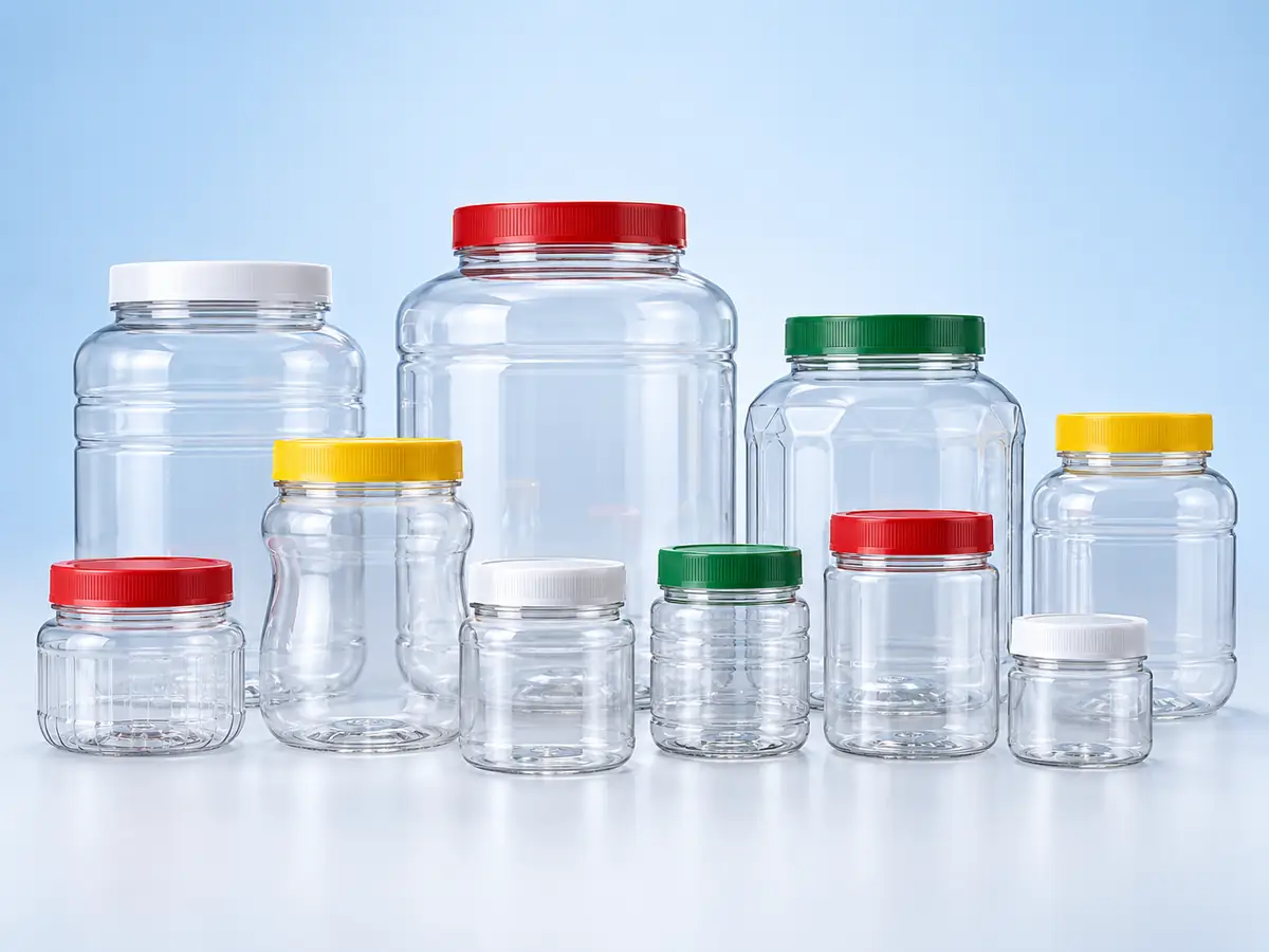 Clear wide-mouth PET jars with coloured screw lids