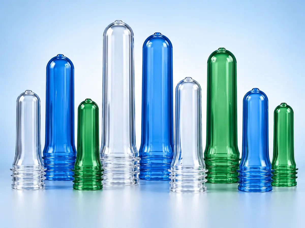 Clear, blue and green PET preforms ready for stretch blow moulding